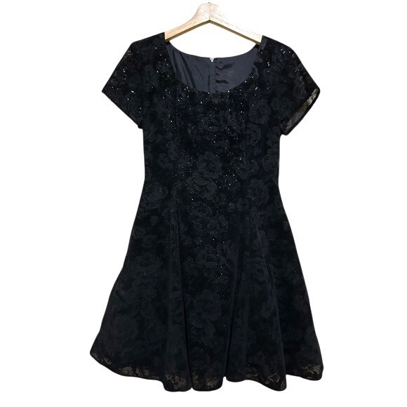 Steppin' Out Dresses & Skirts - Vintage Dress Small Black Floral Glitter Fit Flare Dress Whimsigoth Goth Rose
